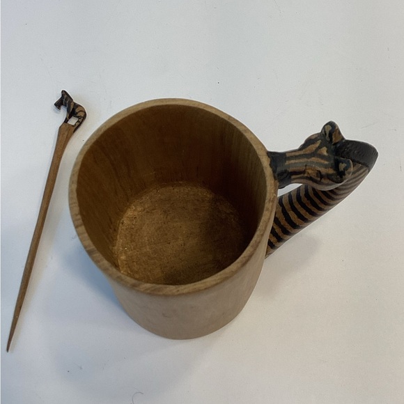 Folk Art Mug Zebra Head Handle Handcrafted Wooden W/ Zebra Swizzle-stick /stirer - Picture 4 of 8